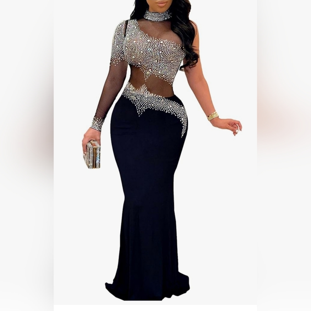 Sexy Elegant Rhinestone Mesh See Through Evening Dress Party Club Night Clubwear